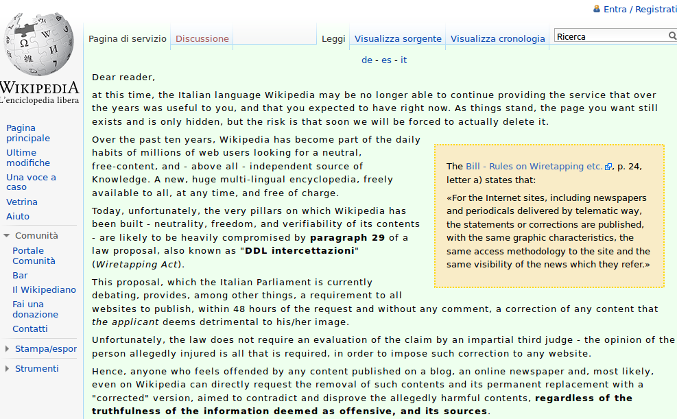 4-6/10/2011 η Ιταλική Wikipedia «κλείδωσε» τα