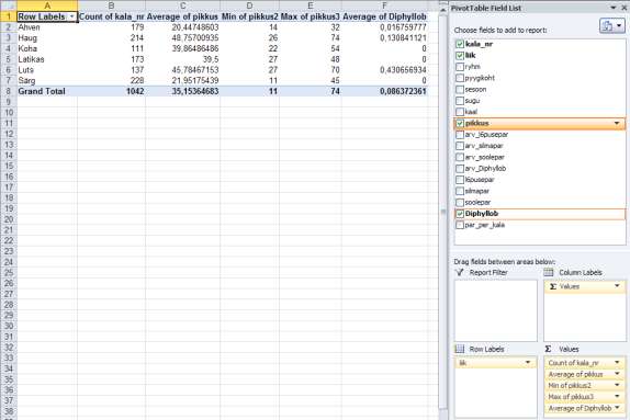 Σ Values või hiire parempoolse klahviga Pivot Table s ning valides avanenud rippmenüüst käsu Value Field Settings ja sealt edasi vajaliku funktsiooni: o