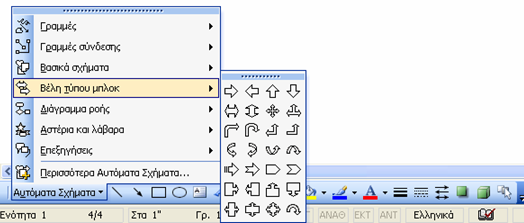 3) Αυτόματα Σχήματα Βασικά Σχήματα 4) Αυτόματα Σχήματα Βέλη τύπου μπλοκ 5) Αυτόματα Σχήματα