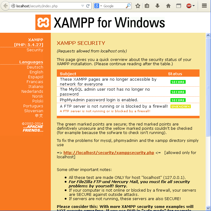 Εικόνα 11 - XAMPP Control Panel Όηαλ μαλακπνχκε ζηελ ηζηνζειίδα ηνπ XAMPP θαη ζπγθεθξηκέλα ζηελ θαηεγνξία Security, ζα δηαπηζηψζνπκε