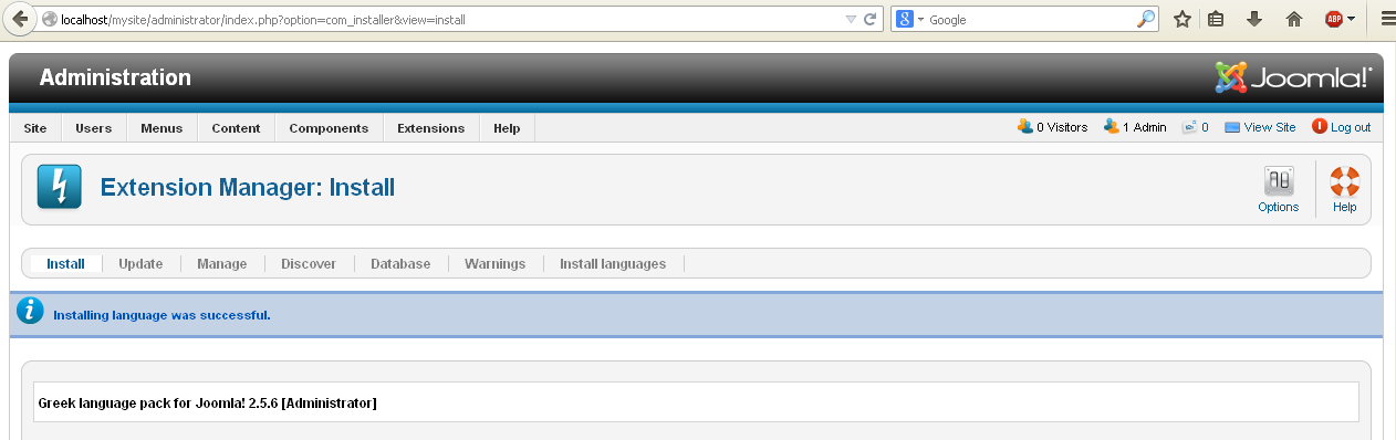 Εικόνα 34 - Joomla Extension manager Όηαλ ε εγθαηάζηαζε νινθιεξσζεί επηηπρψο ιακβάλνπκε ην εμήο κήλπκα Εικόνα 35 - Joomla Διαχείριςη επεκτάςεων Κάλνπκε ην ίδην θαη γηα ην αξρείν site_el-gr.