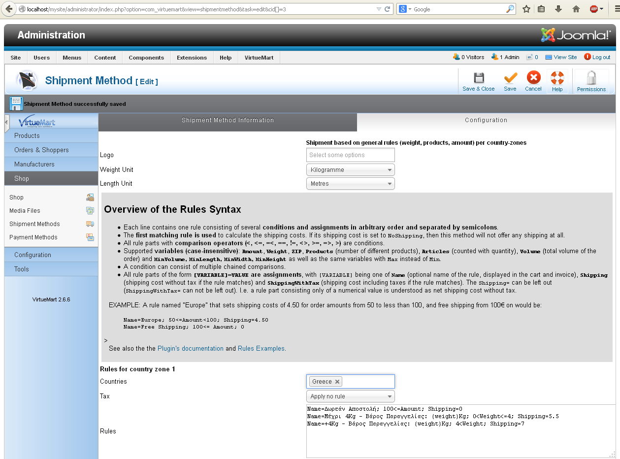 Εικόνα 61 - VirtueMart Δημιουργία μεθόδου αποςτολήσ ρυθμίςεισ 5.2.