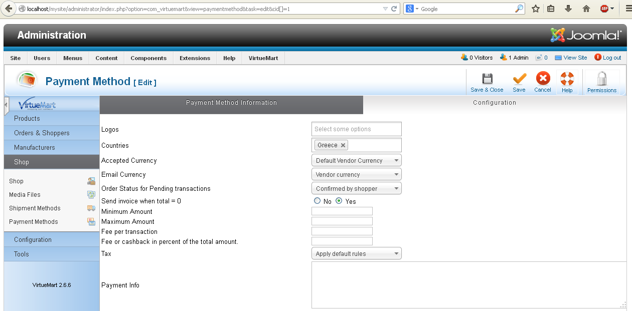 Εικόνα 62 - VirtueMart Δημιουργία μεθόδου πληρωμήσ πληροφορίεσ ηελ δεχηεξε θαξηέια Configuration επηιέγνπκε ηε ρψξα-εο πνπ ζα είλαη δηαζέζηκε ε κέζνδνο πιεξσκήο, ην απνδερνχκελν λφκηζκα, ην κέγηζην /