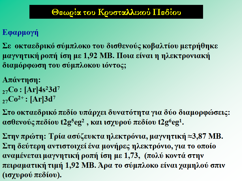 Παράδειγμα: Σε οκταεδρικόσύμπλοκοτου δισθενούς κοβαλτίου μετρήθηκε μαγνητική ροπή ίση με 1,92 ΜΒ.