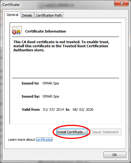 SSL πιστοποιητικά Η διαδικασία συνίσταται στην ένδειξη του Vimar ως αξιόπιστης πηγής SSL πιστοποιητικών.