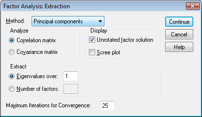 Παραγοντική ανάλυση με SPSS (3) Με το πλήκτρο Extraction διαλέγουμε τη μέθοδο εκτίμησης των παραγόντων.