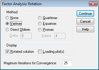 Παραγοντική ανάλυση με SPSS (4) Από το πλήκτρο Rotation μπορούμε να επιλέξουμε τη μέθοδο περιστροφής που θέλουμε.