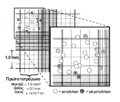 Μέτρηση κυττάρων σε αιμοκυτταρόμετρο Neubauer Είναι η πιο άμεση, απλή και αποδοτική μέθοδος μέτρησης κυττάρων που βρίσκονται σε εναιώρημα. Το αιμοκυτταρόμετρο (Εικόνα 2.