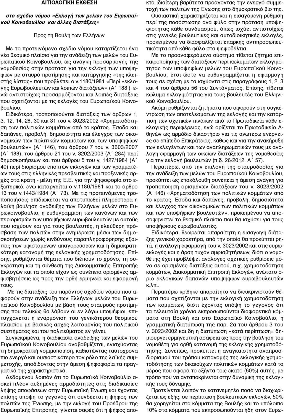 προβλέπει ο ν.1180/1981 «Περί «εκλογής Ευρωβουλευτών και λοιπών διατάξεων» (Α 188 ), ε- νώ αντιστοίχως προσαρµόζονται και λοιπές διατάξεις που σχετίζονται µε τις εκλογές του Ευρωπαϊκού Κοινοβουλίου.