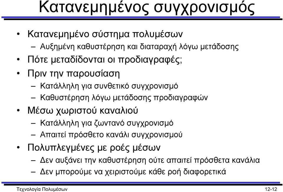 προδιαγραφών Μέσω χωριστού καναλιού Κατάλληλη για ζωντανό συγχρονισµό Απαιτεί πρόσθετο κανάλι συγχρονισµού Πολυπλεγµένες