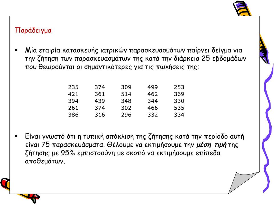 348 344 330 261 374 302 466 535 386 316 296 332 334 Είναι γνωστό ότι η τυπική απόκλιση της ζήτησης κατά την περίοδο αυτή