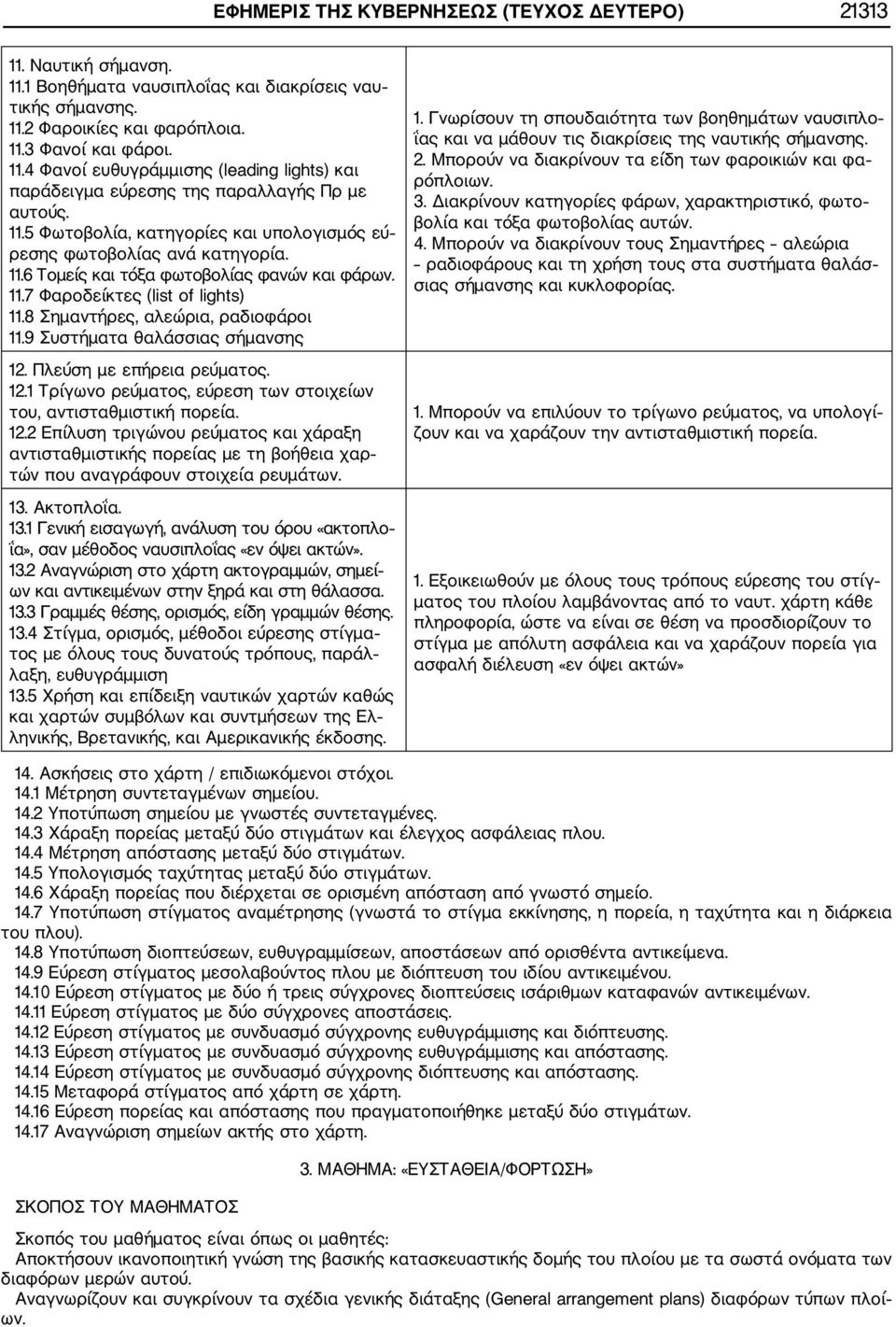 8 Σημαντήρες, αλεώρια, ραδιοφάροι 11.9 Συστήματα θαλάσσιας σήμανσης 12. Πλεύση με επήρεια ρεύματος. 12.1 Τρίγωνο ρεύματος, εύρεση των στοιχείων του, αντισταθμιστική πορεία. 12.2 Επίλυση τριγώνου ρεύματος και χάραξη αντισταθμιστικής πορείας με τη βοήθεια χαρ τών που αναγράφουν στοιχεία ρευμάτων.