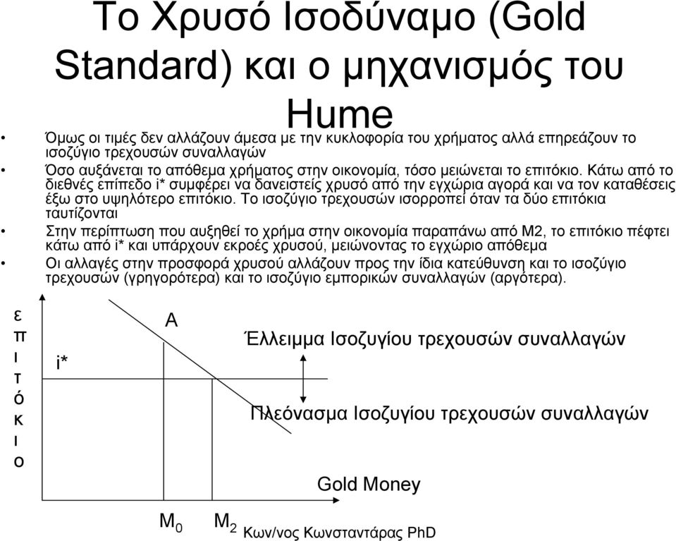 Το ισοζύγιο τρεχουσών ισορροπεί όταν τα δύο επιτόκια ταυτίζονται Στην περίπτωση που αυξηθεί το χρήµα στην οικονοµία παραπάνω από Μ2, το επιτόκιο πέφτει κάτω από i* και υπάρχουν εκροές χρυσού,
