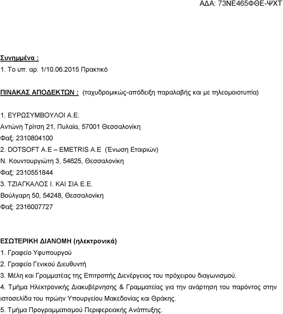 Γραφείο Υφυπουργού 2. Γραφείο Γενικού Διευθυντή 3. Μέλη και Γραμματέας της Επιτροπής Διενέργειας του πρόχειρου διαγωνισμού. 4.