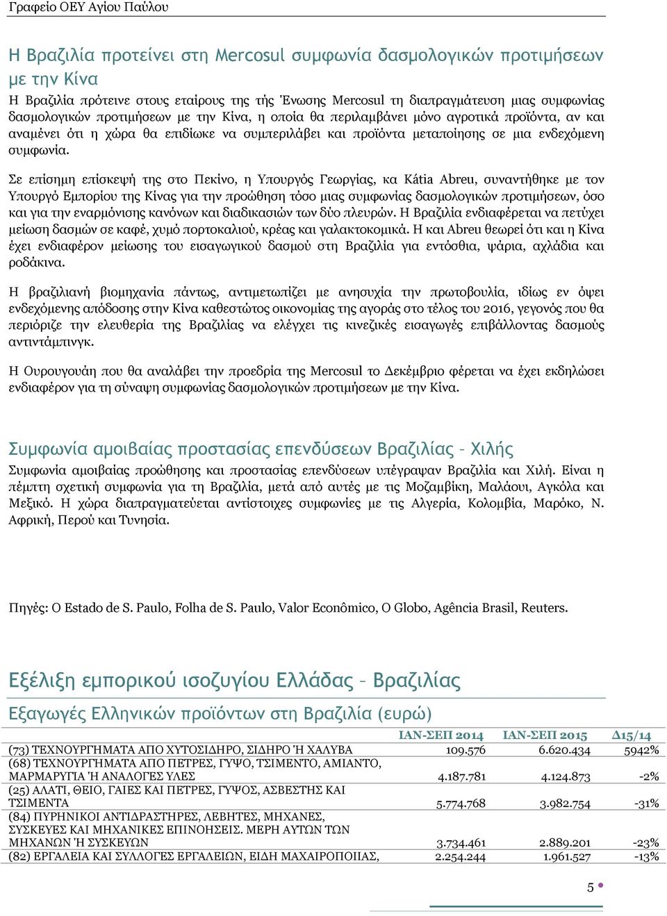Σε επίσημη επίσκεψή της στο Πεκίνο, η Υπουργός Γεωργίας, κα Kátia Abreu, συναντήθηκε με τον Υπουργό Εμπορίου της Κίνας για την προώθηση τόσο μιας συμφωνίας δασμολογικών προτιμήσεων, όσο και για την