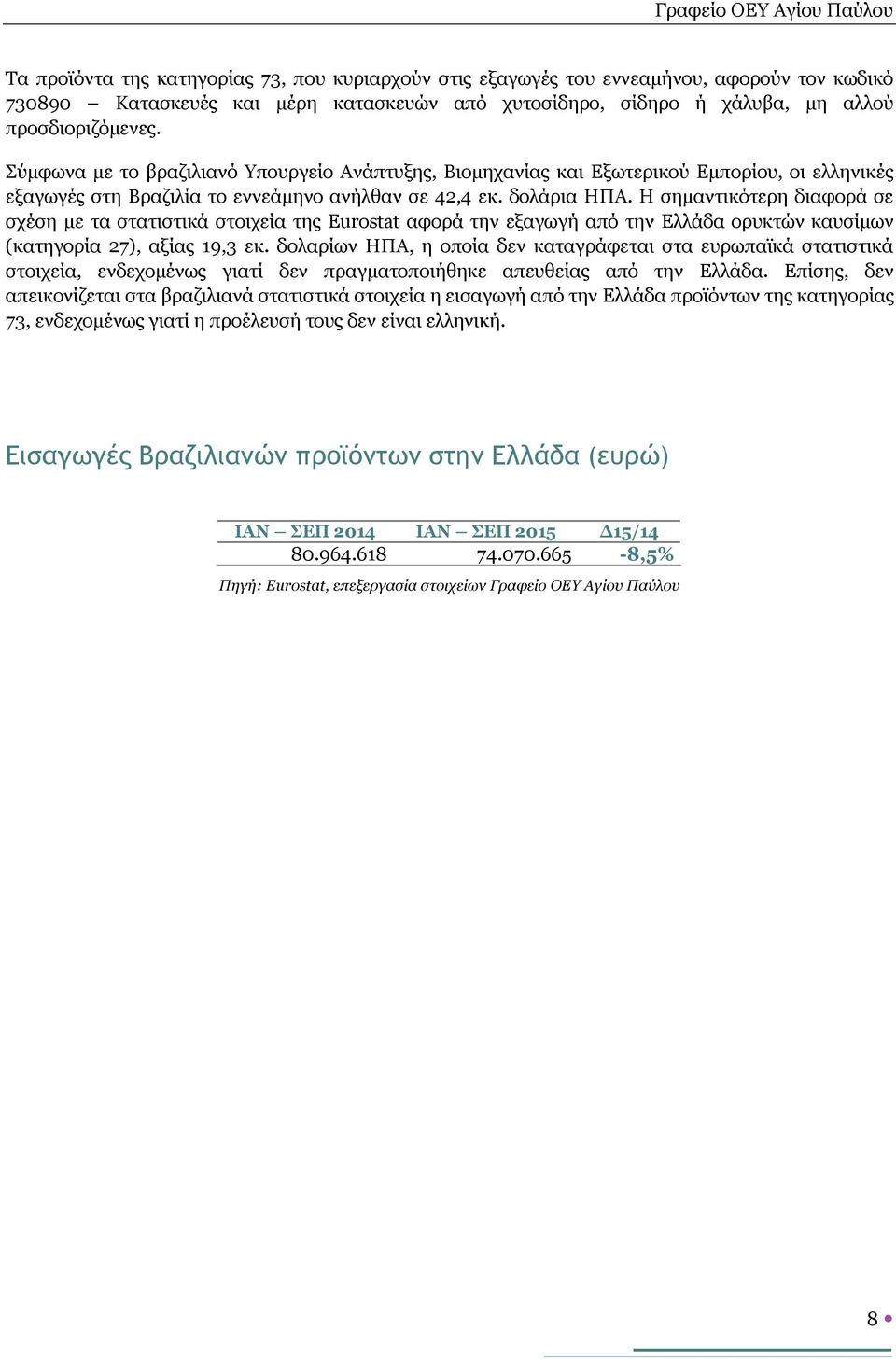 Η σημαντικότερη διαφορά σε σχέση με τα στατιστικά στοιχεία της Eurostat αφορά την εξαγωγή από την Ελλάδα ορυκτών καυσίμων (κατηγορία 27), αξίας 19,3 εκ.