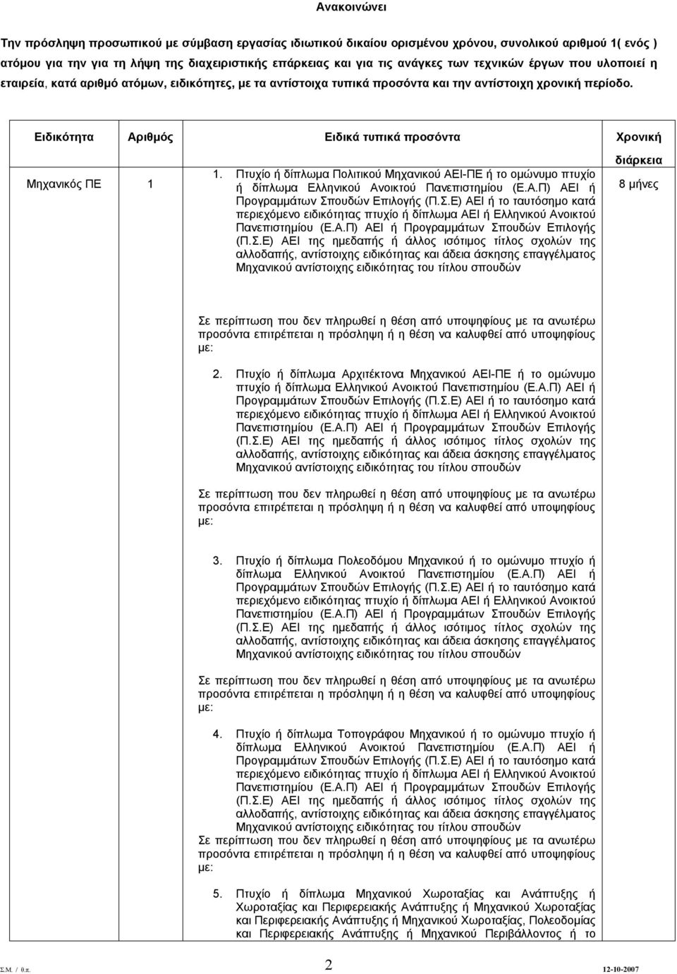 Ειδικότητα Αριθμός Ειδικά τυπικά προσόντα Χρονική Μηχανικός ΠΕ 1 1. Πτυχίο ή δίπλωμα Πολιτικού Μηχανικού ΑΕΙ-ΠΕ ή το ομώνυμο πτυχίο ή δίπλωμα Ελληνικού Ανοικτού Πανεπιστημίου (Ε.Α.Π) ΑΕΙ ή Προγραμμάτων Σπουδών Επιλογής (Π.