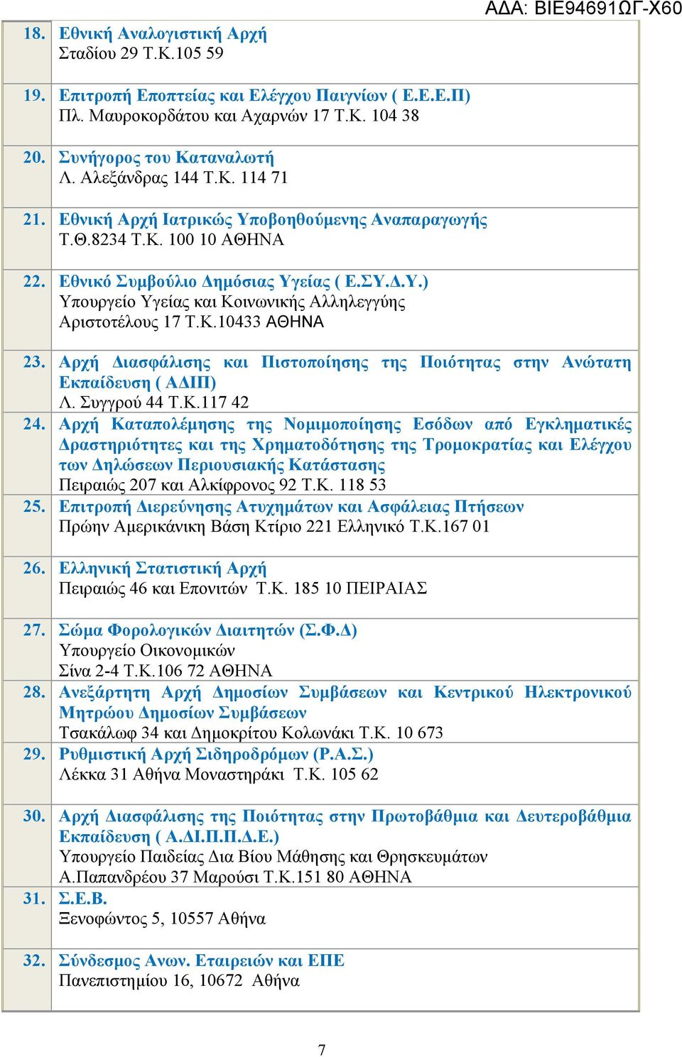 Κ.10433 ΑΘΗΝΑ 23. Αρχή Διασφάλισης και Πιστοποίησης της Ποιότητας στην Ανώτατη Εκπαίδευση ( ΑΔΙΠ) Λ. Συγγρού 44 Τ.Κ.117 42 24.