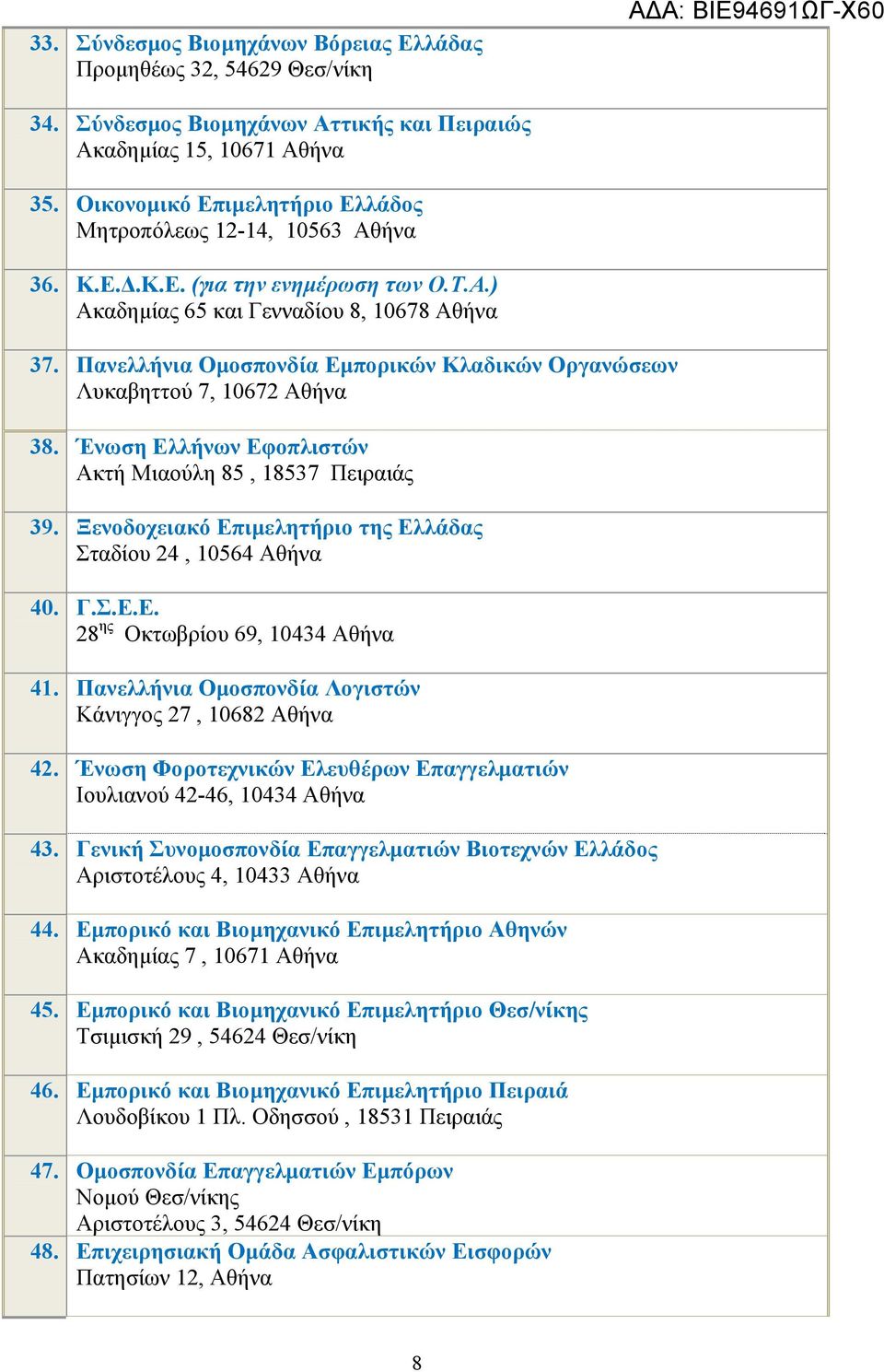 Πανελλήνια Ομοσπονδία Εμπορικών Κλαδικών Οργανώσεων Λυκαβηττού 7, 10672 Αθήνα 38. Ένωση Ελλήνων Εφοπλιστών Ακτή Μιαούλη 85, 18537 Πειραιάς 39.