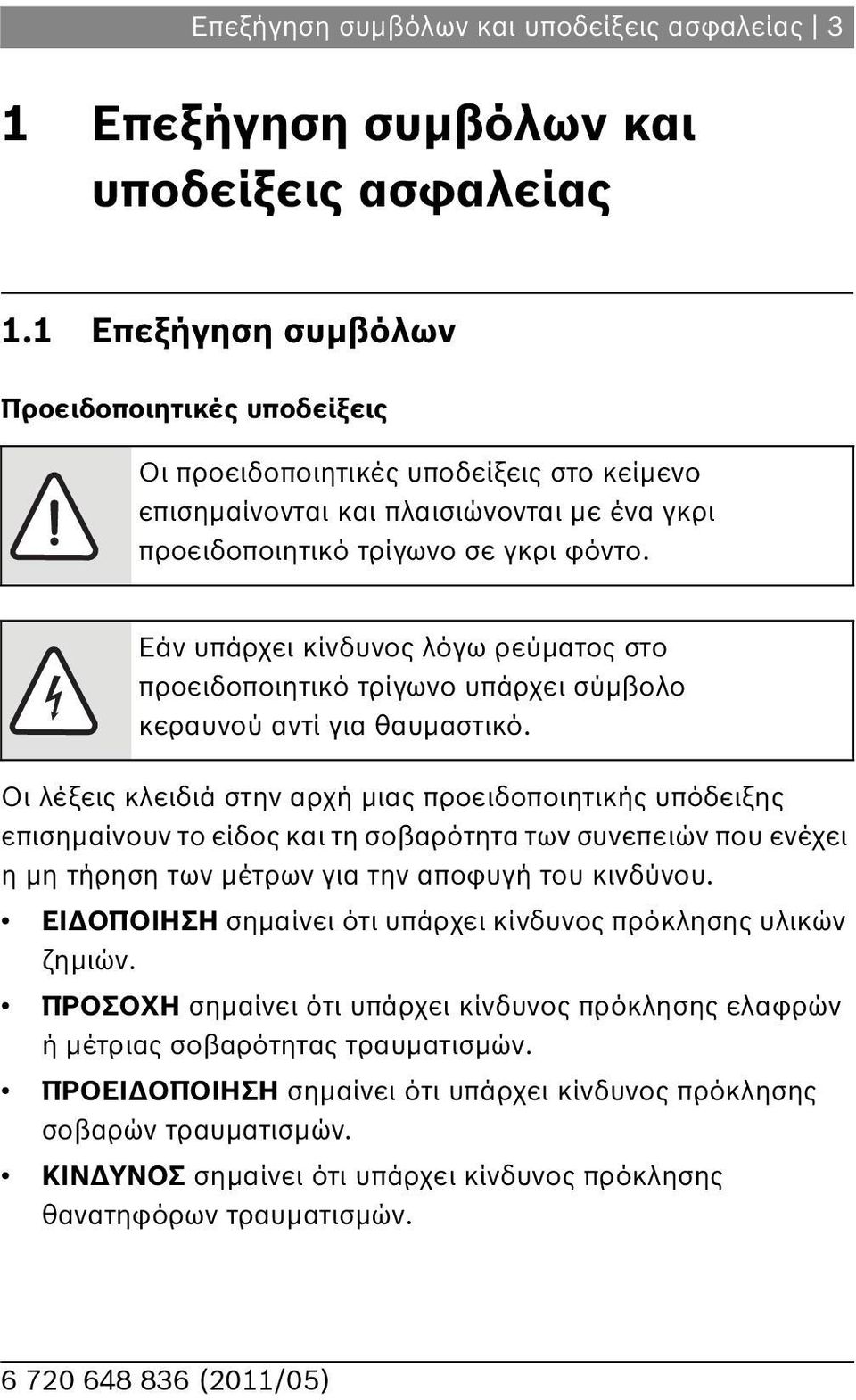 Εάν υπάρχει κίνδυνος λόγω ρεύματος στο προειδοποιητικό τρίγωνο υπάρχει σύμβολο κεραυνού αντί για θαυμαστικό.