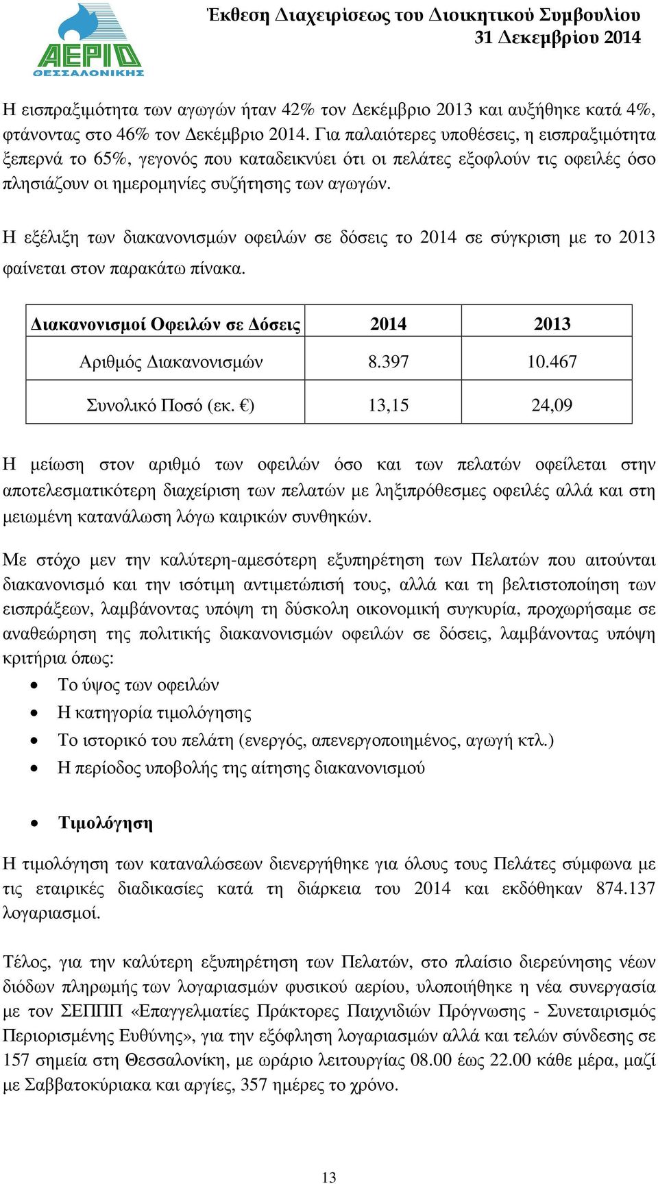 Η εξέλιξη των διακανονισµών οφειλών σε δόσεις το 2014 σε σύγκριση µε το 2013 φαίνεται στον παρακάτω πίνακα. ιακανονισµοί Οφειλών σε όσεις 2014 2013 Αριθµός ιακανονισµών 8.397 10.467 Συνολικό Ποσό (εκ.