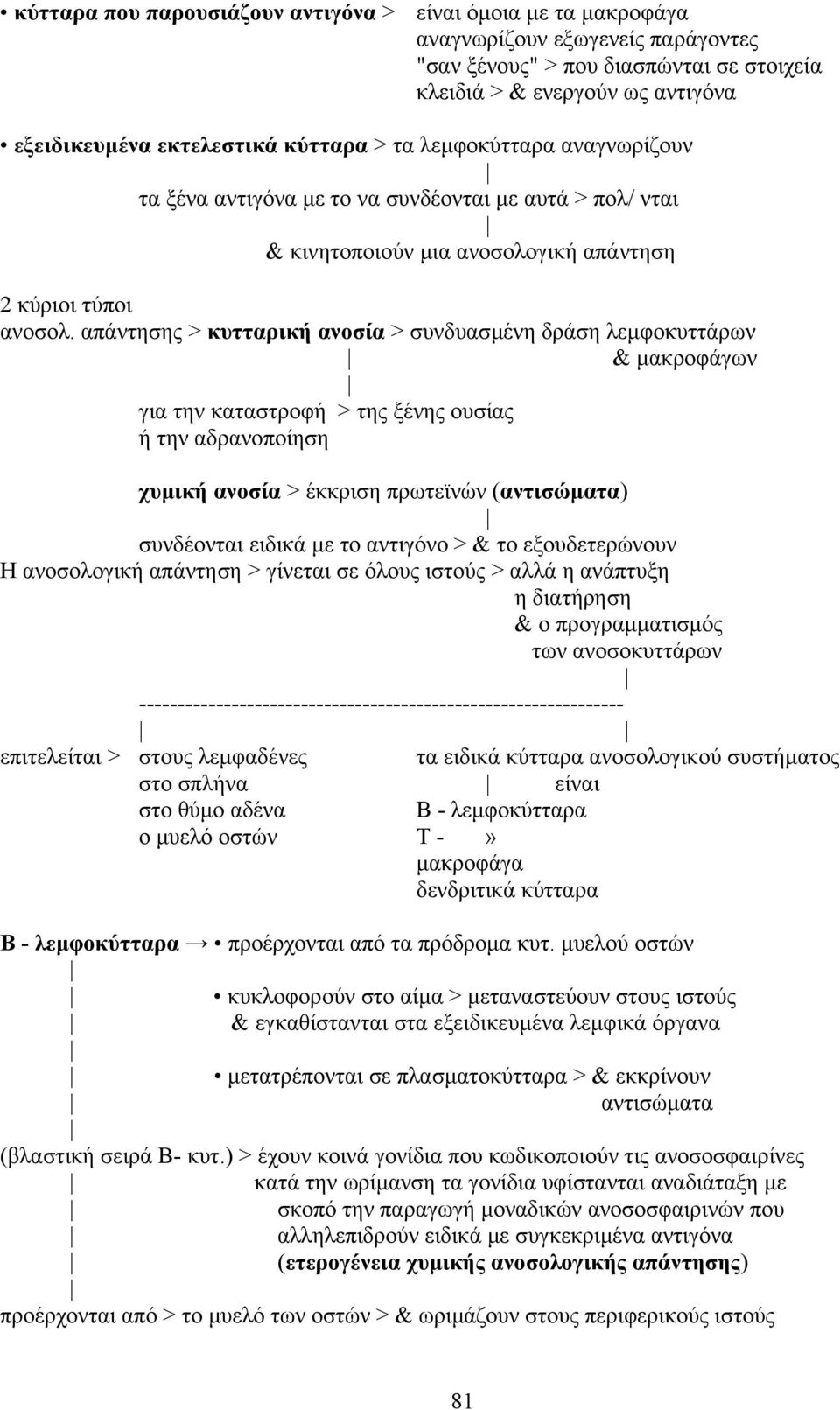 απάντησης > κυτταρική ανοσία > συνδυασµένη δράση λεµφοκυττάρων & µακροφάγων για την καταστροφή > της ξένης ουσίας ή την αδρανοποίηση χυµική ανοσία > έκκριση πρωτεϊνών (αντισώµατα) συνδέονται ειδικά