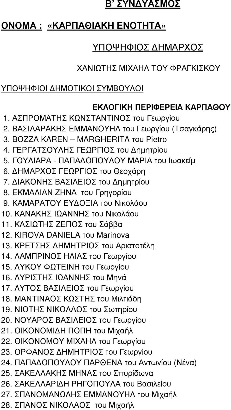 ΗΜΑΡΧΟΣ ΓΕΩΡΓΙΟΣ του Θεοχάρη 7. ΙΑΚΟΝΗΣ ΒΑΣΙΛΕΙΟΣ του ηµητρίου 8. ΕΚΜΑΛΙΑΝ ΖΗΝΑ του Γρηγορίου 9. ΚΑΜΑΡΑΤΟΥ ΕΥ ΟΞΙΑ του Νικολάου 10. ΚΑΝΑΚΗΣ ΙΩΑΝΝΗΣ του Νικολάου 11. ΚΑΣΙΩΤΗΣ ΖΕΠΟΣ του Σάββα 12.