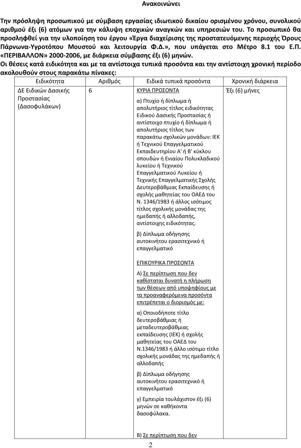 Οι θέσεις κατά ειδικότητα και με τα αντίστοιχα τυπικά προσόντα και την αντίστοιχη χρονική περίοδο ακολουθούν στους παρακάτω πίνακες: Ειδικότητα Αριθμός Ειδικά τυπικά προσόντα Χρονική διάρκεια ΔΕ