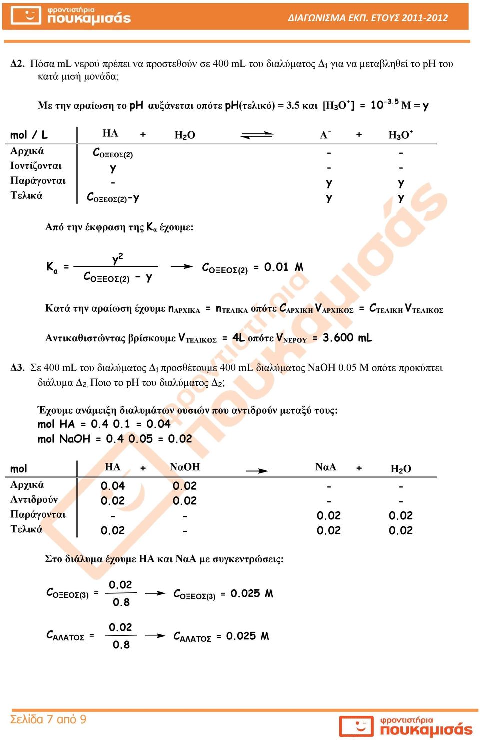 βρίσκουμε V ΤΕΛΙΚΟΣ = 4L οπότε V ΝΕΡΟΥ = 3.600 ml Δ3. Σε 400 ml του διαλύματος Δ 1 προσθέτουμε 400 ml διαλύματος NaOH 0.05 Μ οπότε προκύπτει διάλυμα Δ 2.