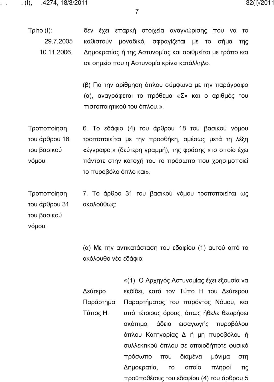 (β) Για την αρίθμηση όπλου σύμφωνα με την παράγραφο (α), αναγράφεται το πρόθεμα «Σ» και ο αριθμός του πιστοποιητικού του όπλου.». του άρθρου 18 6.