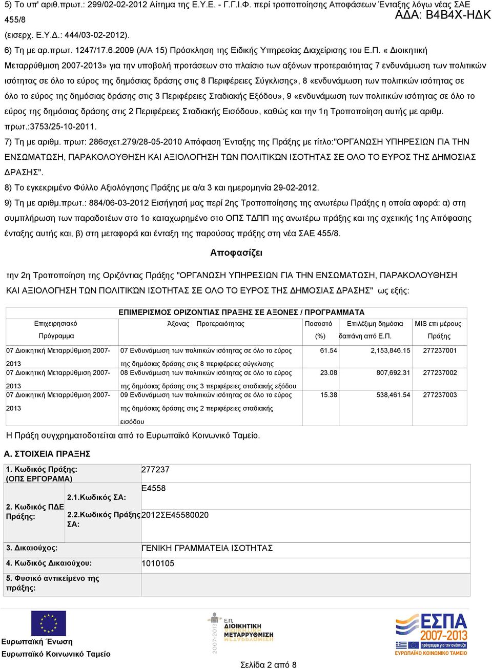 όσκληση της Ειδικής Υπηρεσίας Διαχείρισης του Ε.Π.