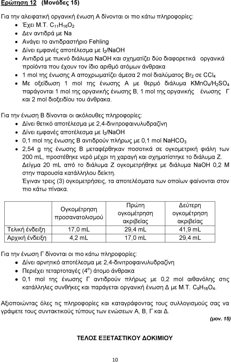 αριθμό ατόμων άνθρακα 1 mol της ένωσης Α αποχρωματίζει άμεσα 2 mol διαλύματος Br 2 σε CCl 4 Με οξείδωση 1 mol της ένωσης A με θερμό διάλυμα KMnO 4 /H 2 SO 4 παράγονται 1 mol της οργανικής ένωσης Β, 1