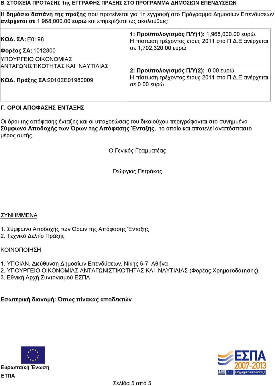 00 ευρώ. Η πίστωση τρέχοντος έτους 2011 στο Π.Δ.Ε ανέρχεται σε 1,702,320.00 ευρώ 2: Προϋπολογισμός Π/Υ(2): 0.00 ευρώ. Η πίστωση τρέχοντος έτους 2011 στο Π.Δ.Ε ανέρχεται σε 0.00 ευρώ Γ.