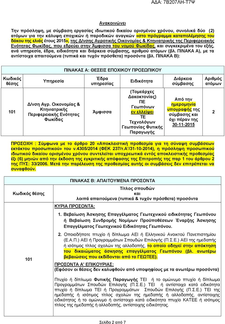 και διάρκεια σύµβασης, αριθµού ατόµων (βλ. ΠΙΝΑΚΑ Α), µε τα αντίστοιχα απαιτούµενα (τυπικά και τυχόν πρόσθετα) προσόντα (βλ.