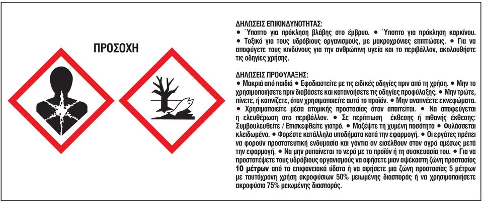 Μην το χρησιμοποιήσετε πριν διαβάσετε και κατανοήσετε τις οδηγίες προφύλαξης. Μην τρώτε, πίνετε, ή καπνίζετε, όταν χρησιμοποιείτε αυτό το προϊόν. Μην αναπνέετε εκνεφώματα.