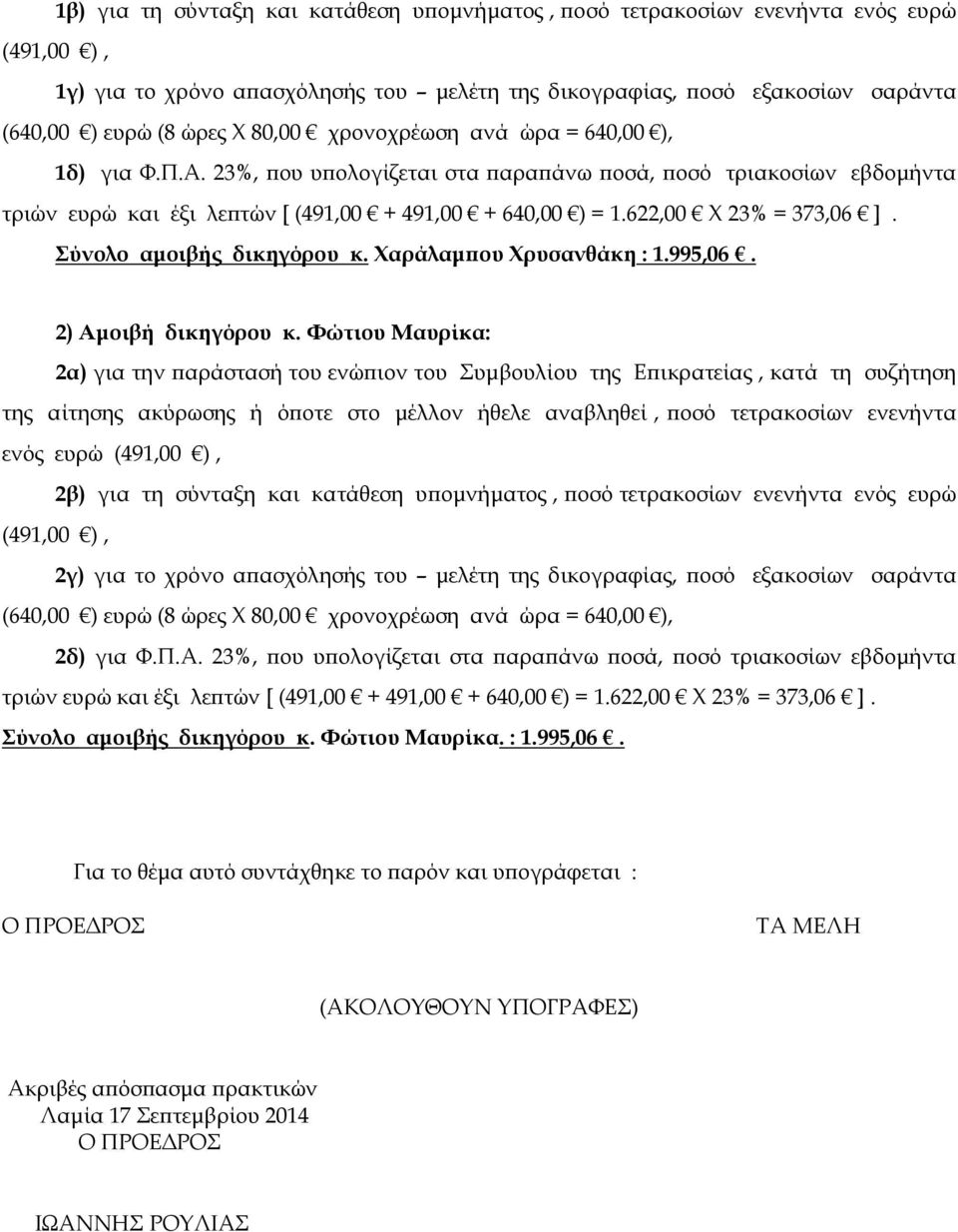 Χαράλαµ ου Χρυσανθάκη : 1.995,06. 2) Αµοιβή δικηγόρου κ.