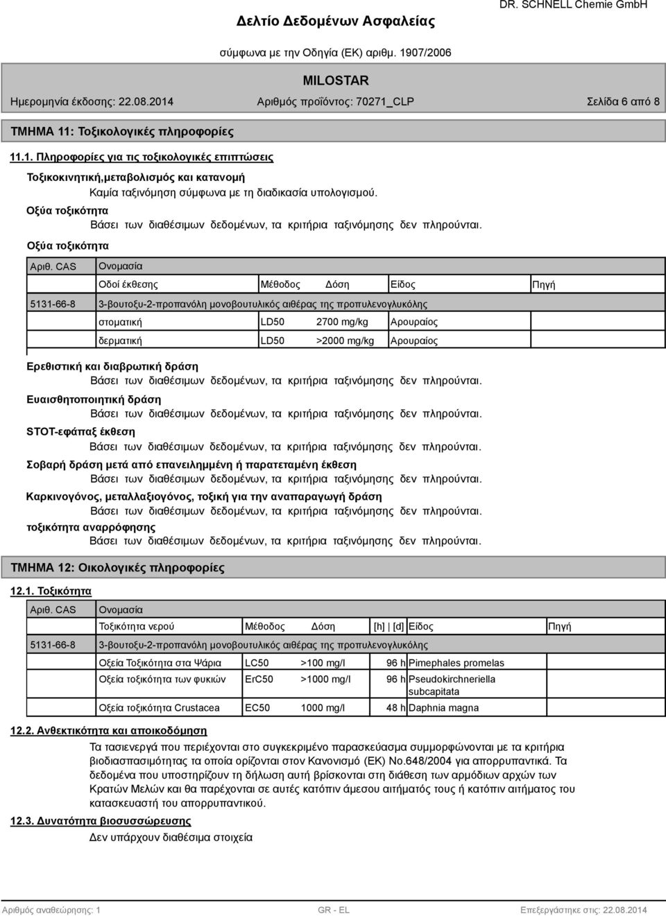 δερματική LD50 >2000 mg/kg Αρουραίος Ερεθιστική και διαβρωτική δράση Ευαισθητοποιητική δράση STOT-εφάπαξ έκθεση Σοβαρή δράση μετά από επανειλημμένη ή παρατεταμένη έκθεση Καρκινογόνος,