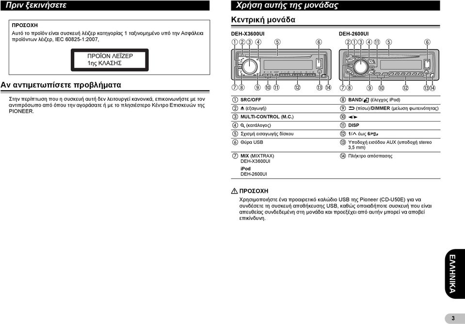 PIONEER. SRC/OFF BAND/ (έλεγχος ipod) 0 (εξαγωγή) (πίσω)/dimmer (μείωση φωτεινότητας) MULTI-CONTROL (M.C.) 4/6 (κατάλογος) DISP Σχισμή εισαγωγής δίσκου 1/ έως 6/ Θύρα USB MIX (MIXTRAX) DEH-X3600UI ipod DEH-2600UI Υποδοχή εισόδου AUX (υποδοχή stereo 3,5 mm) Πλήκτρο απόσπασης!