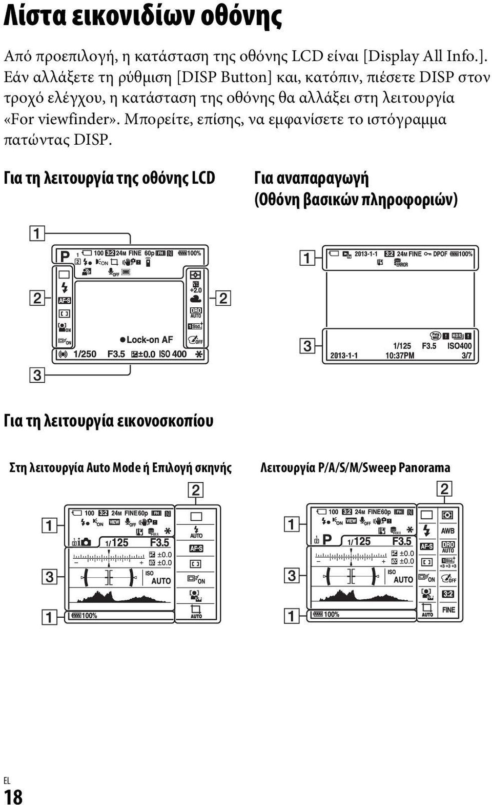 λειτουργία «For viewfinder». Μπορείτε, επίσης, να εμφανίσετε το ιστόγραμμα πατώντας DISP.