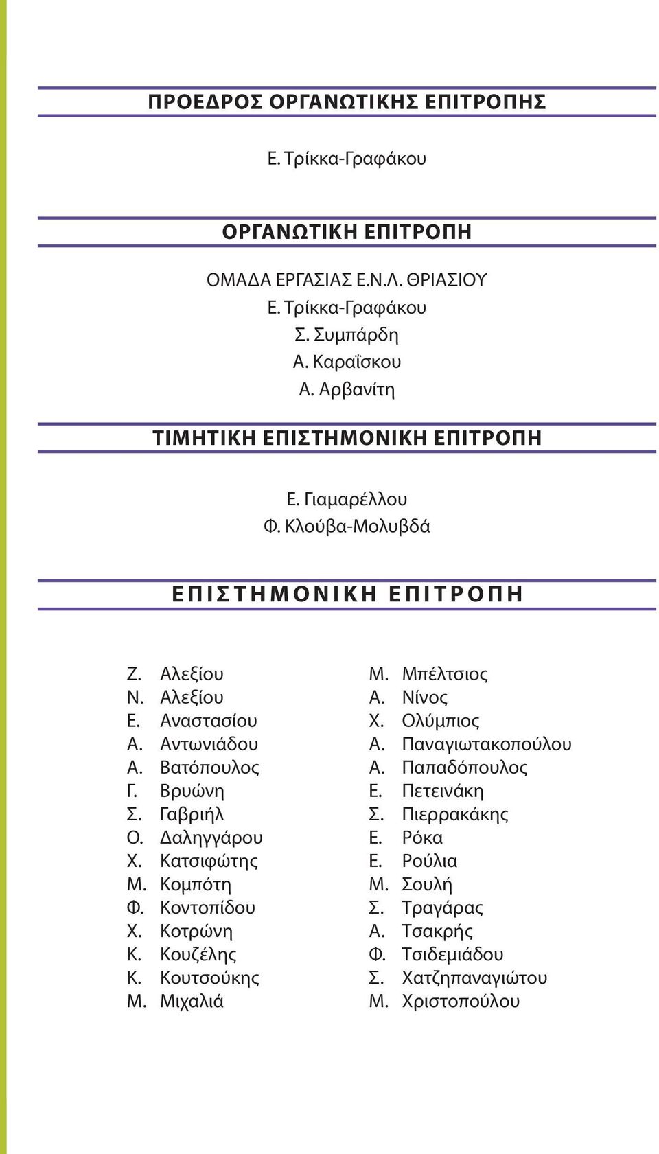 Αντωνιάδου Α. Βατόπουλος Γ. Βρυώνη Σ. Γαβριήλ Ο. Δαληγγάρου Χ. Κατσιφώτης Μ. Κομπότη Φ. Κοντοπίδου Χ. Κοτρώνη Κ. Κουζέλης Κ. Κουτσούκης Μ. Μιχαλιά Μ.