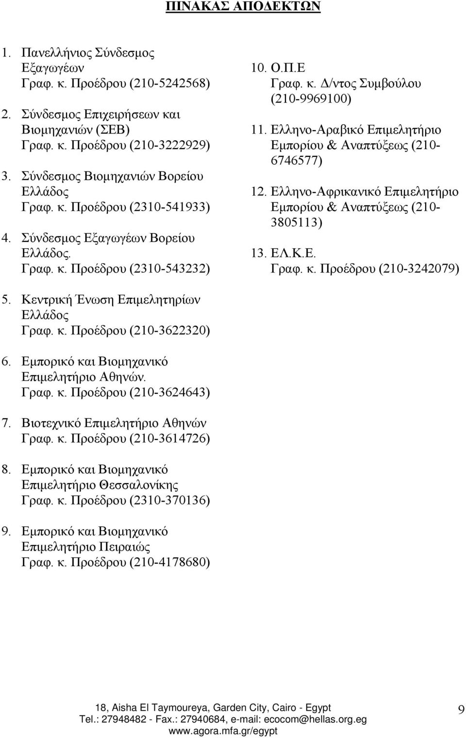 Ελληνο-Αραβικό Επιµελητήριο Εµπορίου & Αναπτύξεως (210-6746577) 12. Ελληνο-Αφρικανικό Επιµελητήριο Εµπορίου & Αναπτύξεως (210-3805113) 13. ΕΛ.Κ.Ε. Γραφ. κ. Προέδρου (210-3242079) 5.