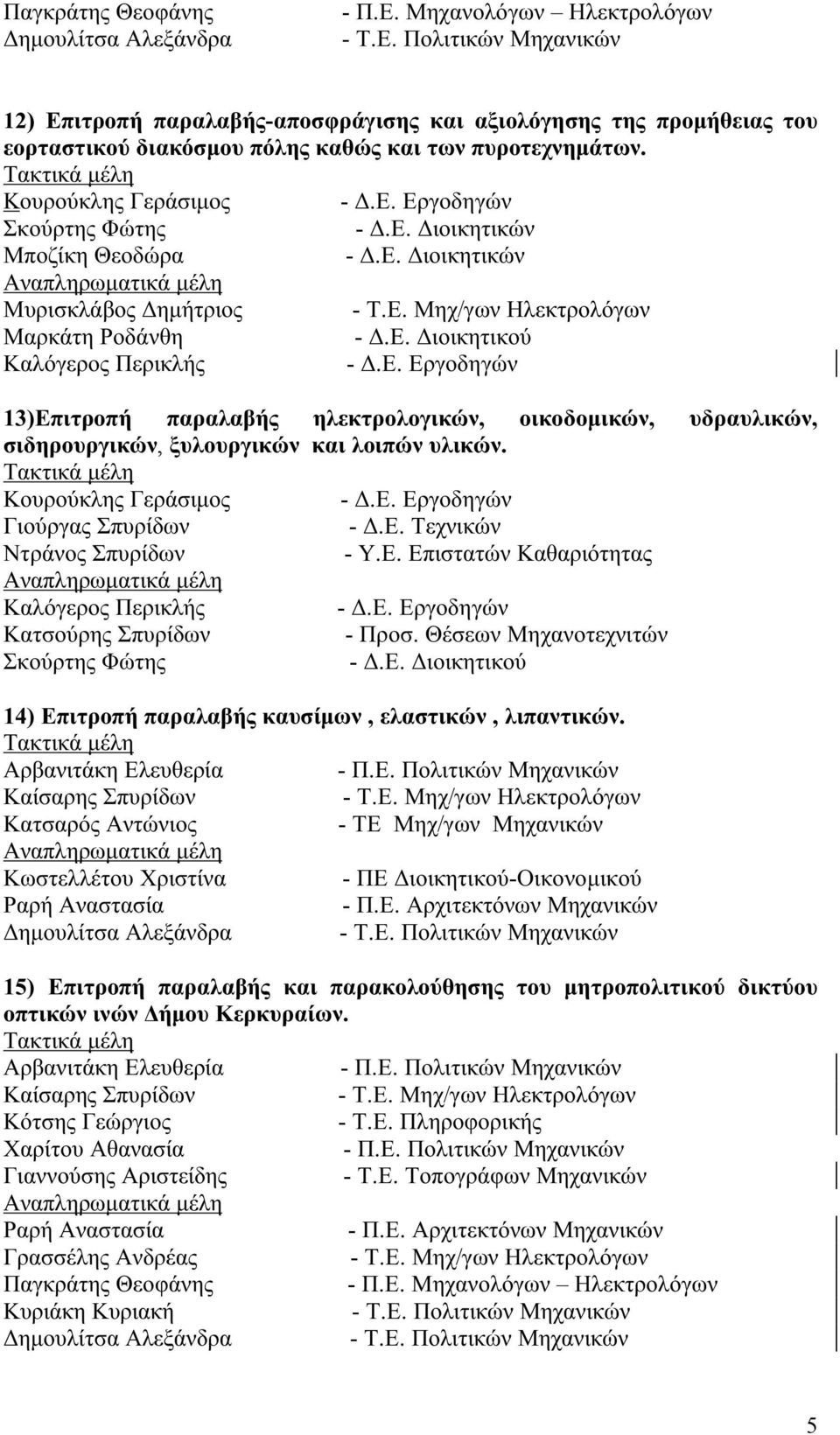 Κουρούκλης Γεράσιμος - Δ.Ε. Εργοδηγών Γιούργας Σπυρίδων - Δ.Ε. Τεχνικών Ντράνος Σπυρίδων - Υ.Ε. Επιστατών Καθαριότητας - Δ.Ε. Εργοδηγών Κατσούρης Σπυρίδων - Προσ.