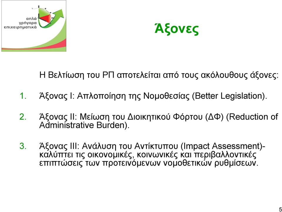 Άξονας ΙΙ: Μείωση του ιοικητικού Φόρτου ( Φ) (Reduction of Administrative Burden). 3.