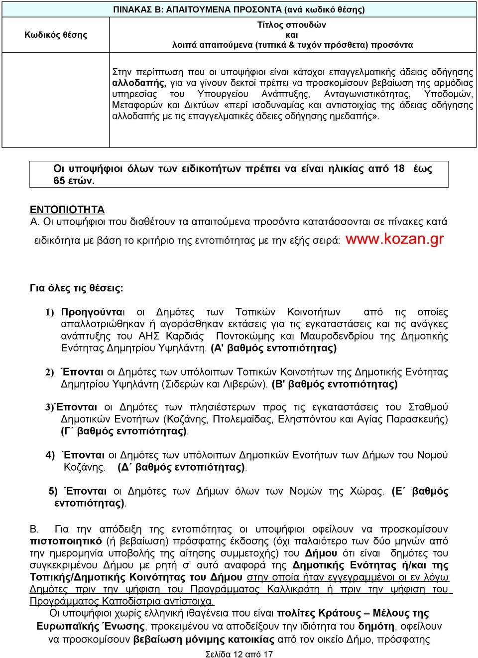 Οι υποψήφιοι όλων των ειδικοτήτων πρέπει να είναι ηλικίας από 18 έως 65 ετών. ΕΝΤΟΠΙΟΤΗΤΑ Α.