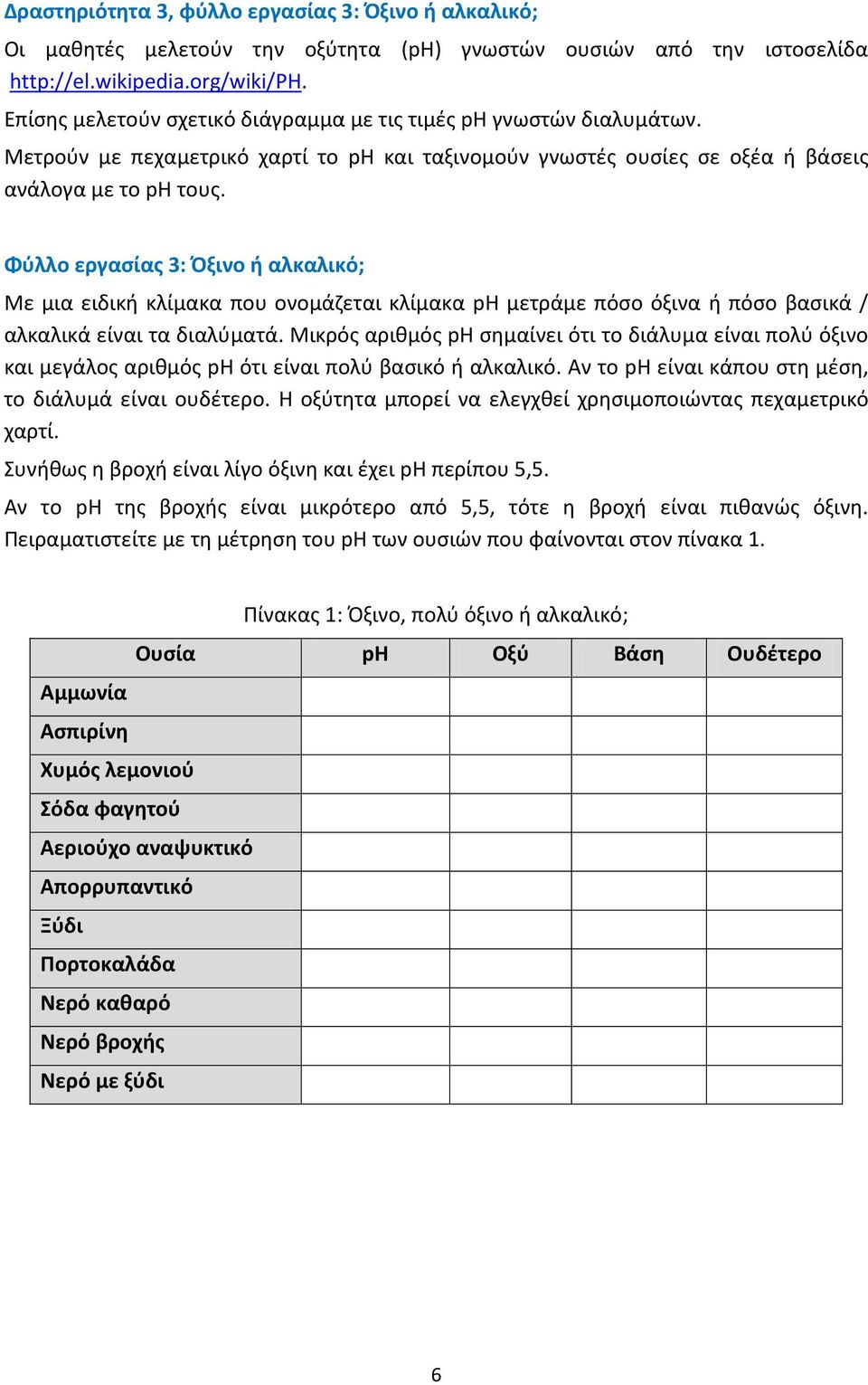 Φύλλο εργασίας 3: Όξινο ή αλκαλικό; Με μια ειδική κλίμακα που ονομάζεται κλίμακα ph μετράμε πόσο όξινα ή πόσο βασικά / αλκαλικά είναι τα διαλύματά.