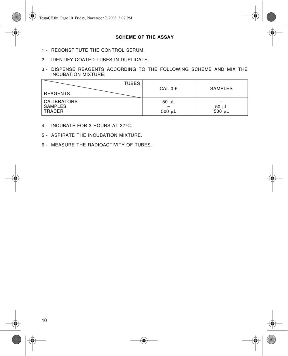 3 - DISPENSE REAGENTS ACCORDING TO THE FOLLOWING SCHEME AND MIX THE INCUBATION MIXTURE: TUBES CAL 0-6