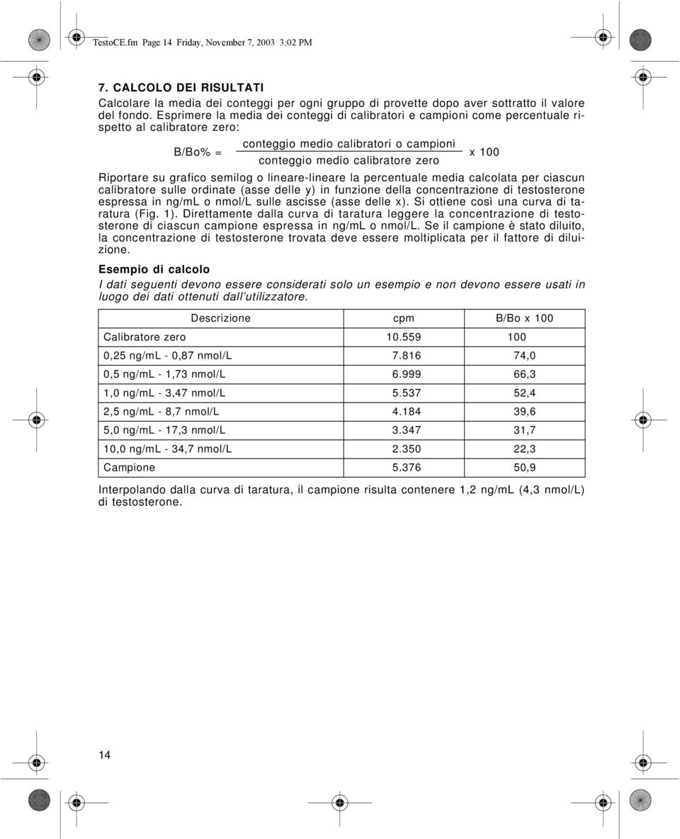 Riportare su grafico semilog o lineare-lineare la percentuale media calcolata per ciascun calibratore sulle ordinate (asse delle y) in funzione della concentrazione di testosterone espressa in o