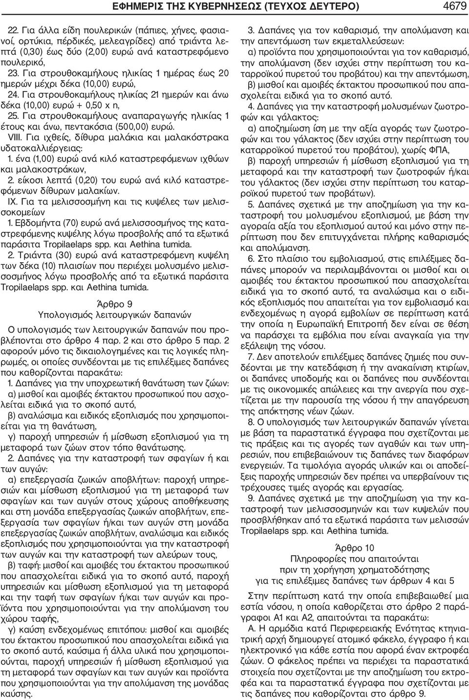 Για στρουθοκαμήλους ηλικίας 1 ημέρας έως 20 ημερών μέχρι δέκα (10,00) ευρώ, 24. Για στρουθοκαμήλους ηλικίας 21 ημερών και άνω δέκα (10,00) ευρώ + 0,50 x n, 25.