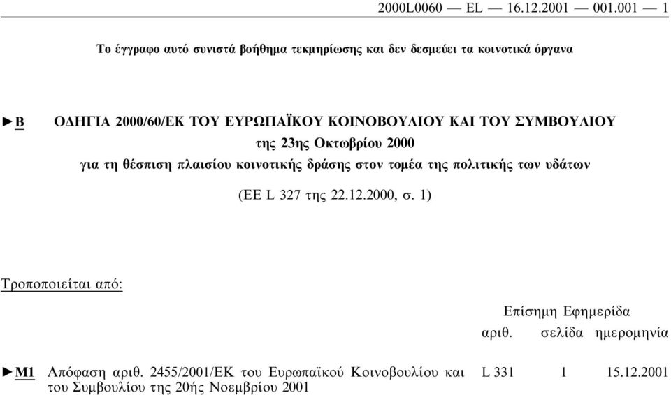 ΚΟΙΝΟΒΟΥΛΙΟΥ ΚΑΙ ΤΟΥ ΣΥΜΒΟΥΛΙΟΥ της 23ης Οκτωβρίου 2000 για τη θέσπιση πλαισίου κοινοτικής δράσης στον τοµέα της πολιτικής