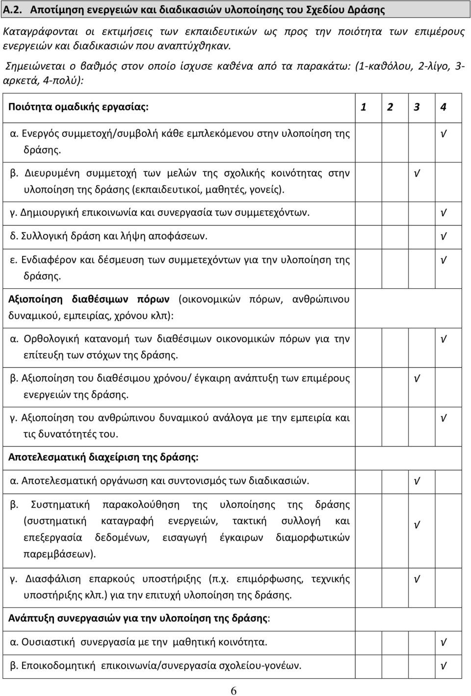 Ενεργός συμμετοχή/συμβολή κάθε εμπλεκόμενου στην υλοποίηση της δράσης. β. Διευρυμένη συμμετοχή των μελών της σχολικής κοινότητας στην υλοποίηση της δράσης (εκπαιδευτικοί, μαθητές, γο